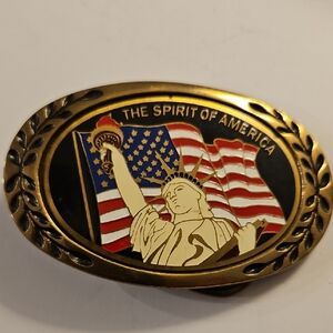 SPIRIT OF AMERICA BRASS BELT BUCKLE PATRIOTIC LIBERTY FLAG 1980S